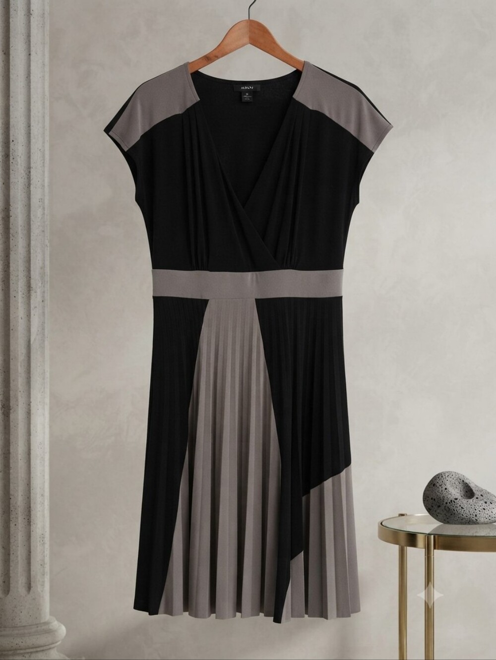 Black & Gray Pleated Wrap-Style Women's Dress